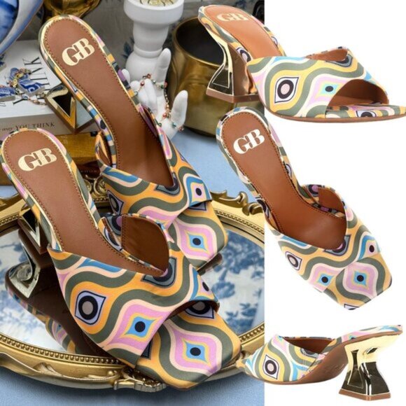 🆕 GIANNI BINI 🧿 NWOB Vibe-Check Retro Print Satin Sculpted Sandals, Sz 8 M - Picture 1 of 15
